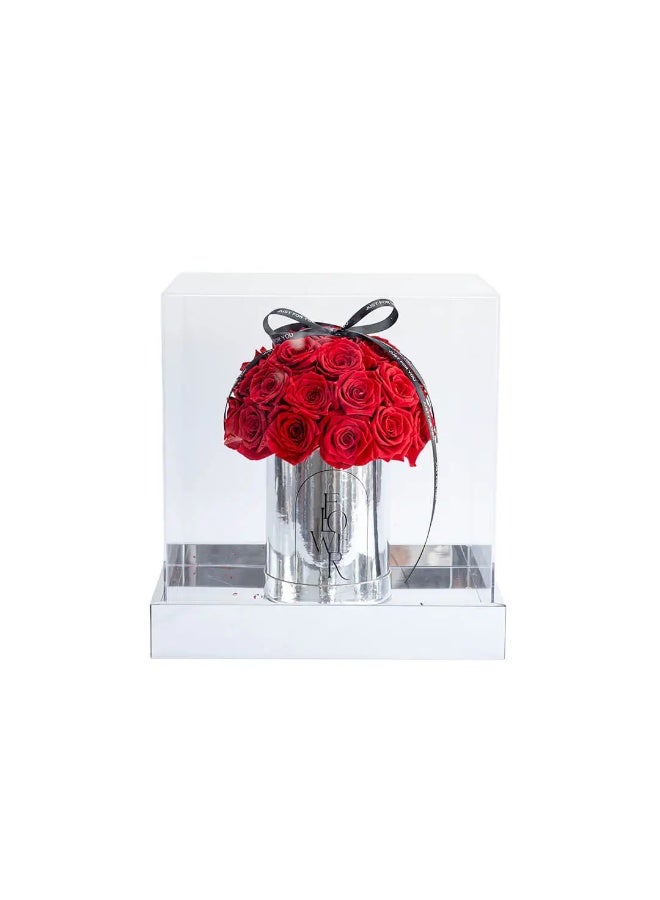 Si Bonne Luxury Preserved Red Rose Bouquet in Mirrored Silver Vase - Eternal Flower Arrangement in Clear Acrylic Display Case - Elegant Gift for Anniversary, Birthday, and Home Decor - Image 1